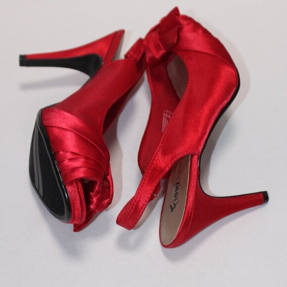 NWOT Fioni Night Red Satin Peep Toe Platform Sling Back Heels - Picture 11 of 13